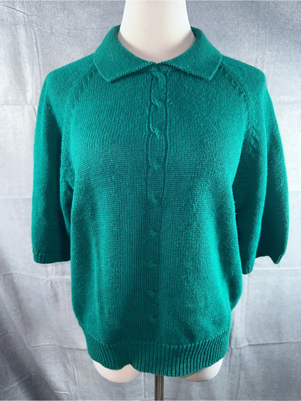 2621-Vintage Robert Scott Ltd Women’s Classic Teal Polo-Collar Cable Sweater
